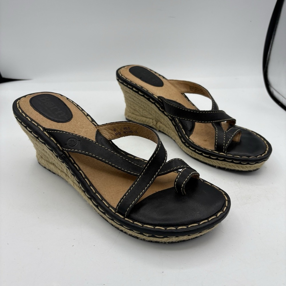 Born Sandals Womens Size‎ 9 Black Leather Espadrille Wedge Heel Mule Toe Loop